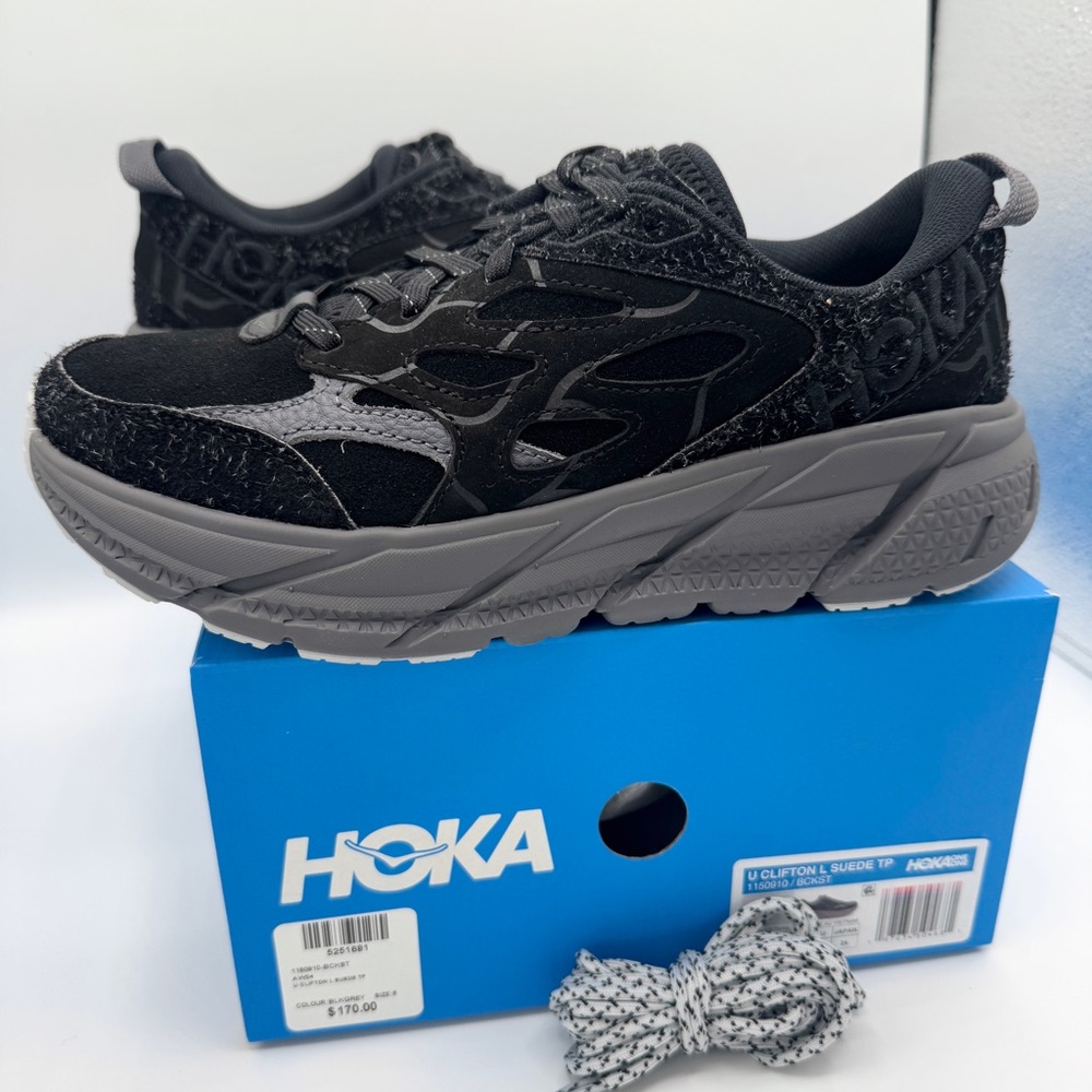 NWT Hoka Clifton Elite Terrain System L Suede Leather Black Grey Unisex Sneakers - Picture 13 of 16